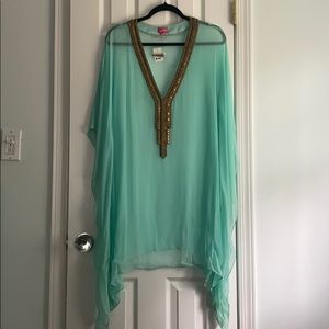 Aqua sheer coverup with gold/bronze beading